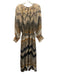 Misa Size L Brown, Blue, Yellow Polyester Long puff sleeve Keyhole Midi Dress Brown, Blue, Yellow / L