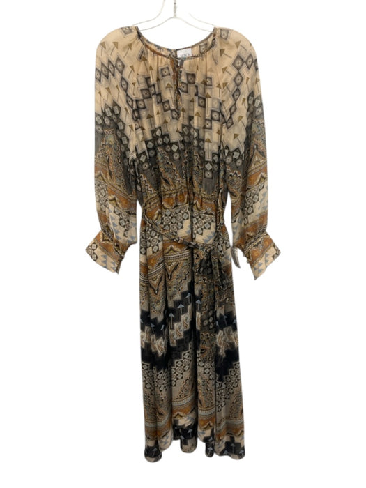 Misa Size L Brown, Blue, Yellow Polyester Long puff sleeve Keyhole Midi Dress Brown, Blue, Yellow / L