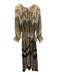 Misa Size L Brown, Blue, Yellow Polyester Long puff sleeve Keyhole Midi Dress Brown, Blue, Yellow / L