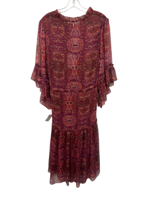 Misa Size M Red, Purple, Pink Polyester 3/4 Sleeve Abstract Geometric Midi Dress Red, Purple, Pink / M