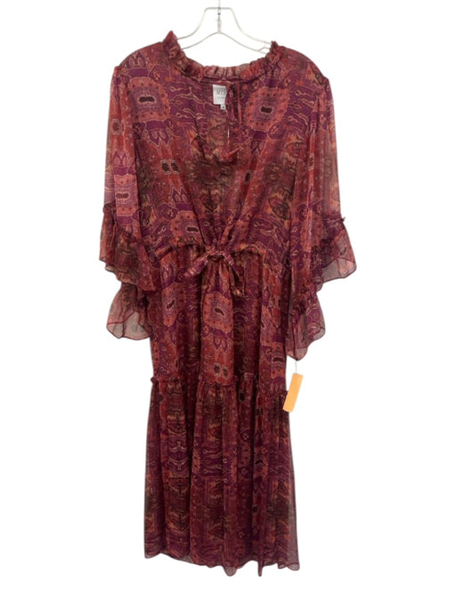 Misa Size M Red, Purple, Pink Polyester 3/4 Sleeve Abstract Geometric Midi Dress Red, Purple, Pink / M