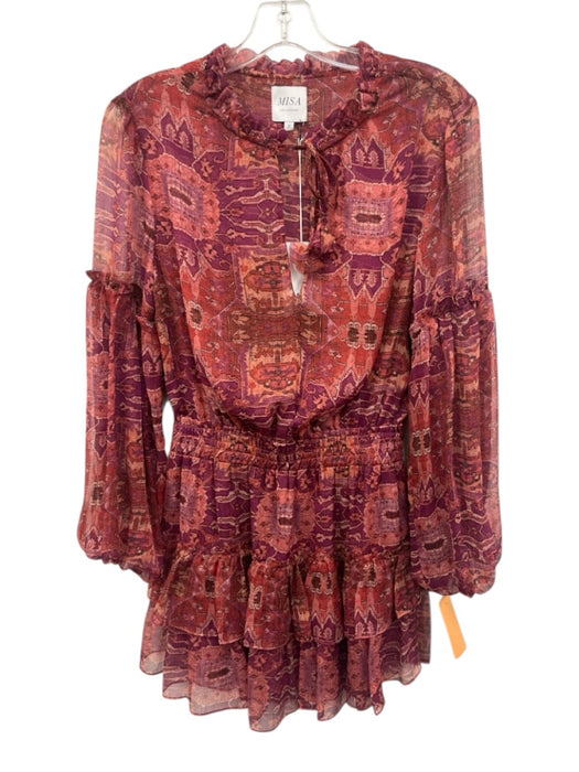Misa Size S Red, Purple, Pink Polyester 3/4 Sleeve Abstract Geometric Mini Dress Red, Purple, Pink / S