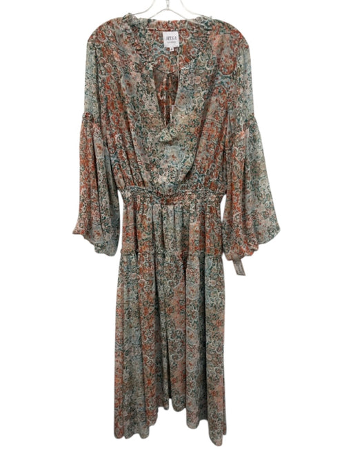 Misa Size L Orange, Green, White Polyester Puff 3/4 Sleeve Abstract Print Dress Orange, Green, White / L