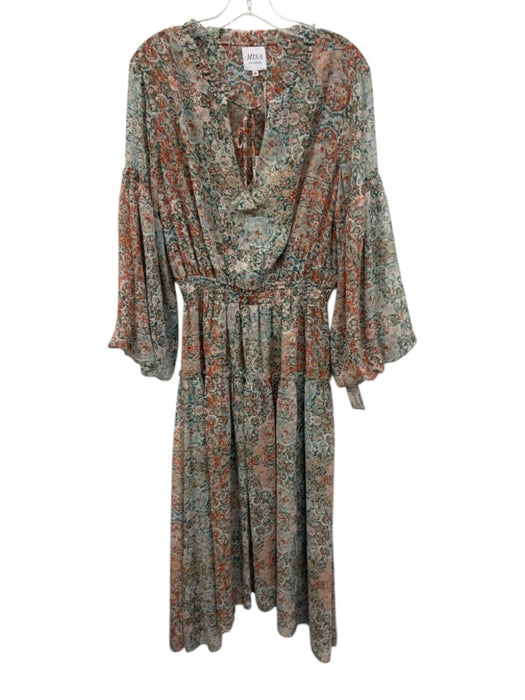 Misa Size M Orange, Green, White Polyester Puff 3/4 Sleeve Abstract Print Dress Orange, Green, White / M