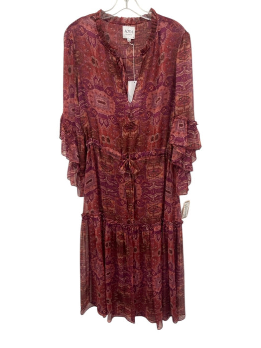 Misa Size S Red, Purple, Pink Polyester 3/4 Sleeve Abstract Geometric Midi Dress Red, Purple, Pink / S