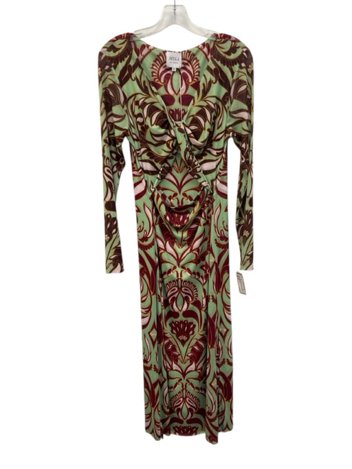 Misa Size M Green, Red, Brown Polyester Mesh Long Sleeve Abstract Print Dress Green, Red, Brown / M