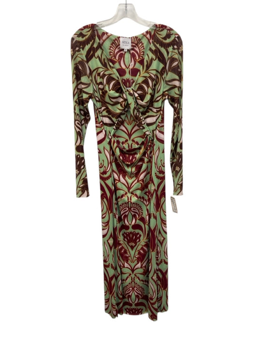 Misa Size M Green, Red, Brown Polyester Mesh Long Sleeve Abstract Print Dress Green, Red, Brown / M