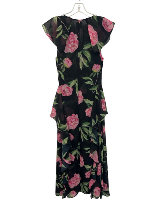 Misa Size L Black, Pink, Green Polyester Ruffle Cap Sleeve Floral Print Dress Black, Pink, Green / L