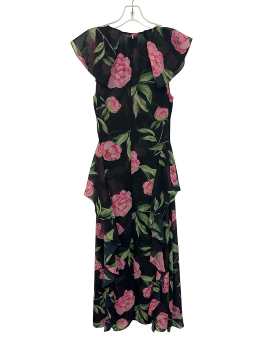 Misa Size L Black, Pink, Green Polyester Ruffle Cap Sleeve Floral Print Dress Black, Pink, Green / L