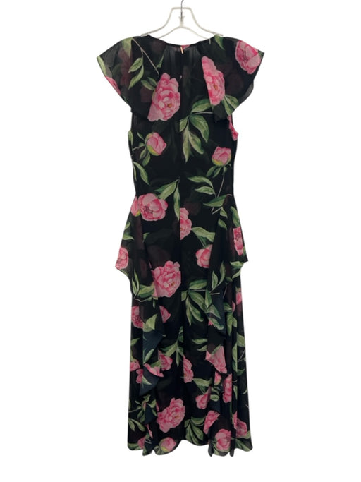 Misa Size S Black, Pink, Green Polyester Ruffle Cap Sleeve Floral Print Dress Black, Pink, Green / S