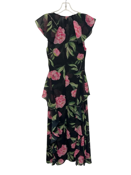Misa Size S Black, Pink, Green Polyester Ruffle Cap Sleeve Floral Print Dress Black, Pink, Green / S