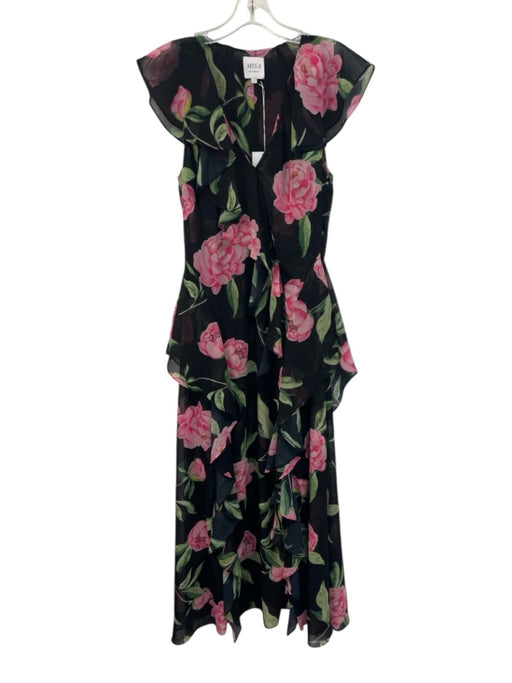 Misa Size S Black, Pink, Green Polyester Ruffle Cap Sleeve Floral Print Dress Black, Pink, Green / S