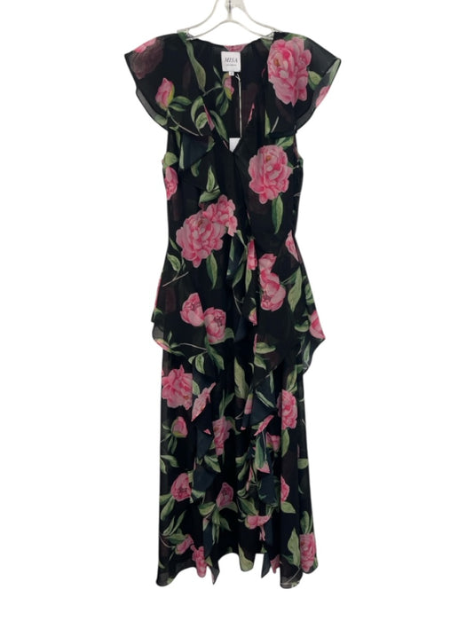 Misa Size S Black, Pink, Green Polyester Ruffle Cap Sleeve Floral Print Dress Black, Pink, Green / S