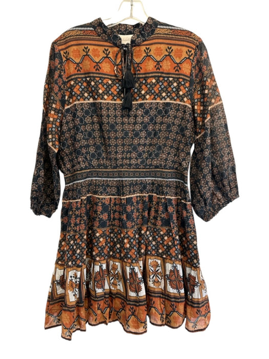 Cleobella Size L Navy Blue & Brown Organic Cotton Puff 3/4 Sleeve Mini Dress Navy Blue & Brown / L