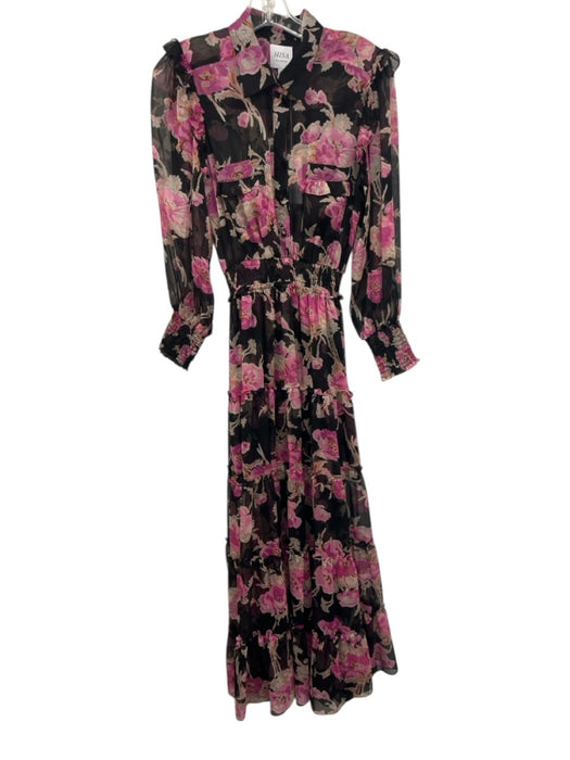 Misa Size S Black, Pink, White Polyester Long Sleeve Floral Print Maxi Dress Black, Pink, White / S