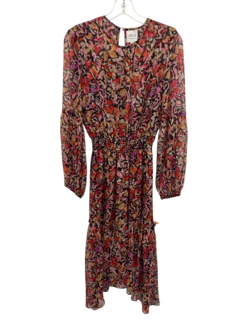 Misa Size S Red, Pink, Black Polyester Long Sleeve Floral Print Midi Dress Red, Pink, Black / S
