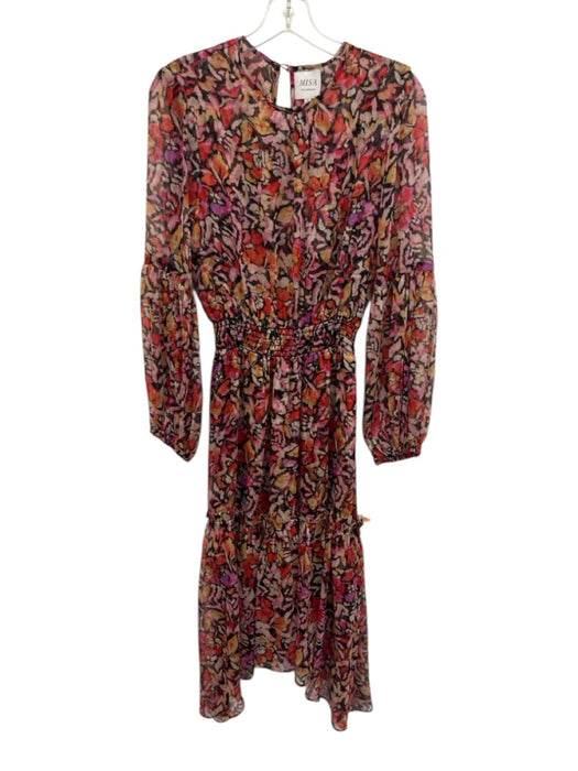 Misa Size S Red, Pink, Black Polyester Long Sleeve Floral Print Midi Dress Red, Pink, Black / S