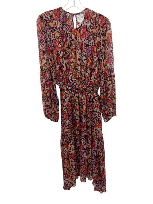 Misa Size M Red, Pink, Black Polyester Long Sleeve Floral Print Midi Dress Red, Pink, Black / M