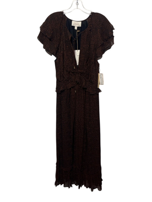 Cleobella Size L Brown & Black Viscose Ruffle Cap Sleeve Abstract Paisley Dress Brown & Black / L