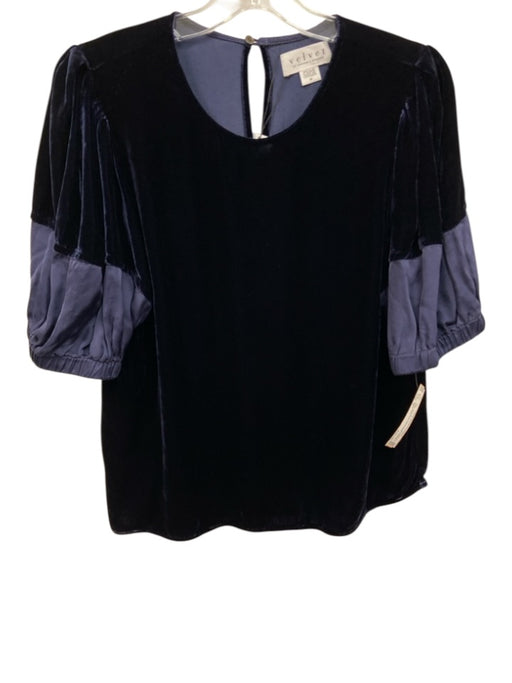 Velvet Size L Navy Blue Viscose & Silk Velvet Short Puff Sleeve Fabric Block Top Navy Blue / L