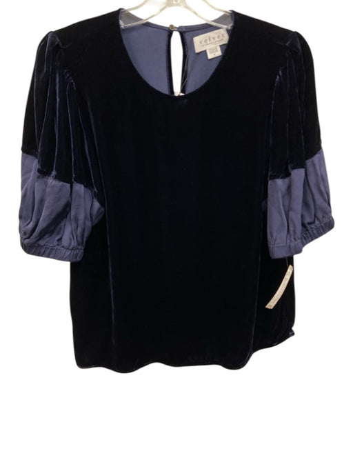 Velvet Size M Navy Blue Viscose & Silk Velvet Short Puff Sleeve Fabric Block Top Navy Blue / M