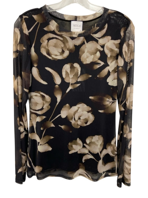 Misa Size M Black, Green, Beige Polyester & Spandex Mesh Floral Print Top Black, Green, Beige / M