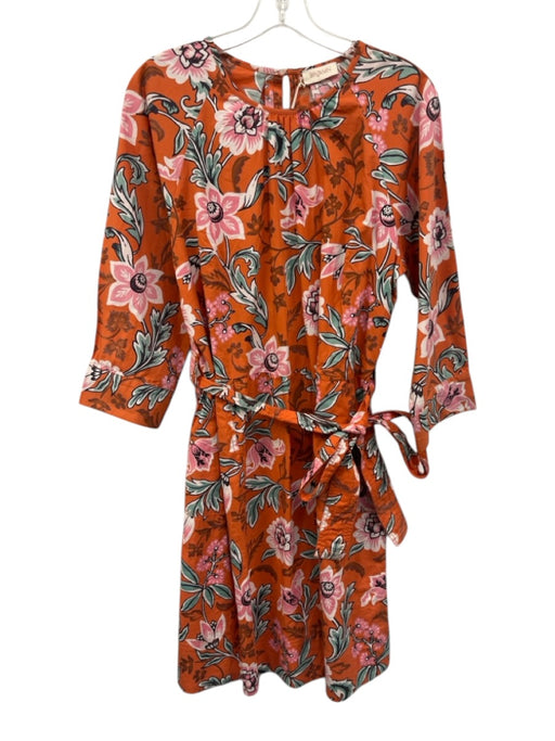 Banjanan Size L Orange, Pink, Green Cotton Poplin Long Sleeve Floral Print Dress Orange, Pink, Green / L