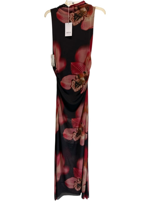 Misa Size L Black, Red & Pink Polyester Blend Mesh Floral Boat Neck Dress Black, Red & Pink / L