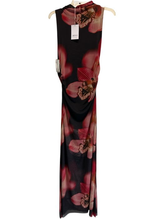 Misa Size L Black, Red & Pink Polyester Blend Mesh Floral Boat Neck Dress Black, Red & Pink / L