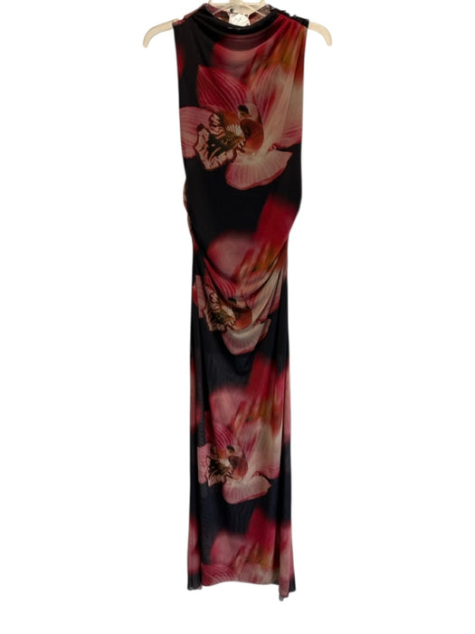 Misa Size L Black, Red & Pink Polyester Blend Mesh Floral Boat Neck Dress Black, Red & Pink / L