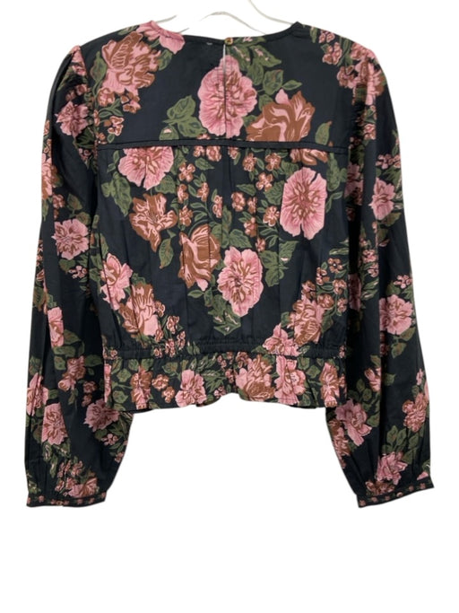 Cleobella Size L Black, Pink & Green Cotton Floral Long Sleeve Pleat Detail Top Black, Pink & Green / L