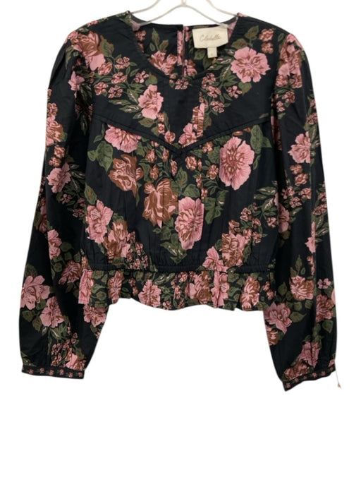 Cleobella Size L Black, Pink & Green Cotton Floral Long Sleeve Pleat Detail Top Black, Pink & Green / L