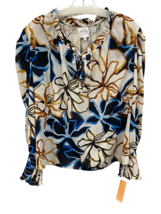 Misa Size L White, Blue & Yellow Polyester Long Sleeve Abstract Print Top White, Blue & Yellow / L