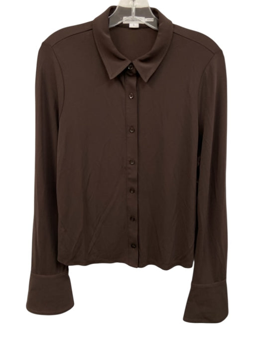 Good American Size L Dark Brown Viscose Blend Long Sleeve Button Down Collar Top Dark Brown / L