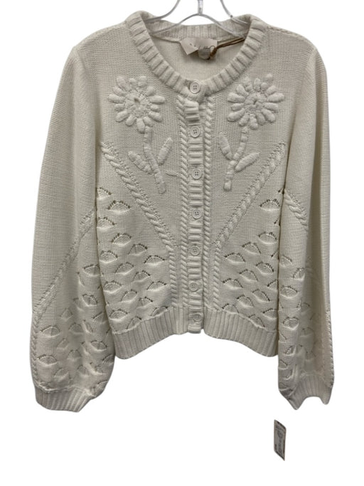 Cleobella Size L White Cotton Chunky Knit Flower Detail Button Front Sweater White / L