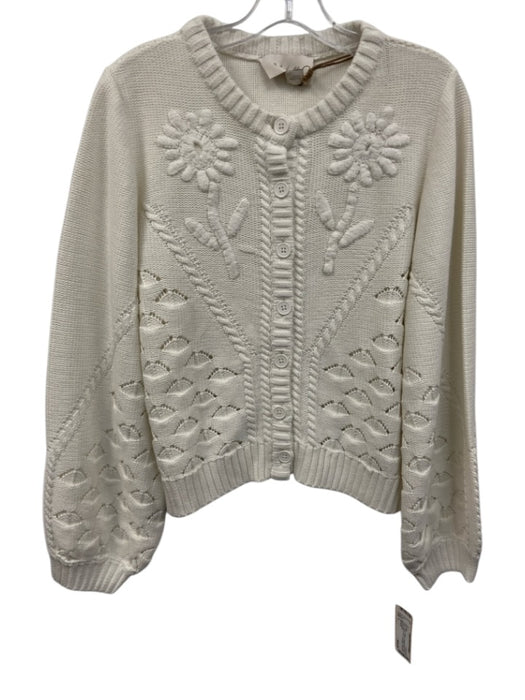 Cleobella Size L White Cotton Chunky Knit Flower Detail Button Front Sweater White / L