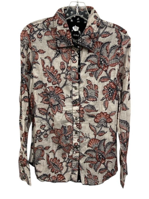 Cino Size S White, Brown, Black Cotton Long Sleeve Abstract Floral Buttons Top White, Brown, Black / S