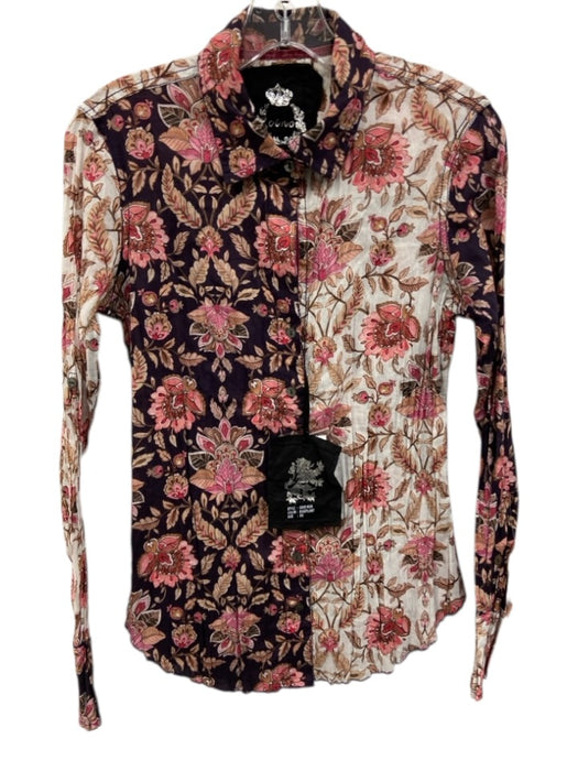 Cino Size XS Pink, Blue, White Cotton Long Sleeve Abstract Floral Buttons Top Pink, Blue, White / XS