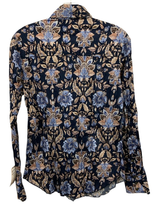 Cino Size XS Blue & Beige Cotton Long Sleeve Abstract Floral Buttons Collar Top Blue & Beige / XS