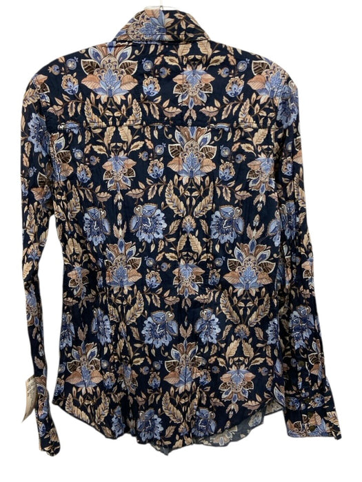 Cino Size XS Blue & Beige Cotton Long Sleeve Abstract Floral Buttons Collar Top Blue & Beige / XS
