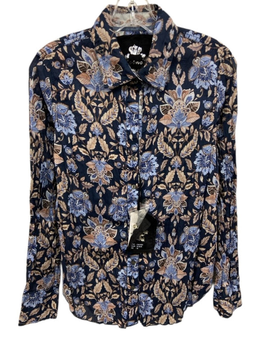 Cino Size XS Blue & Beige Cotton Long Sleeve Abstract Floral Buttons Collar Top Blue & Beige / XS