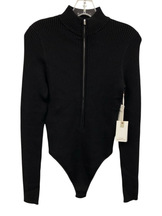 Good American Size M Black Rayon & Nylon Mock Neck Long Sleeve 1/2 Zip Bodysuit Black / M