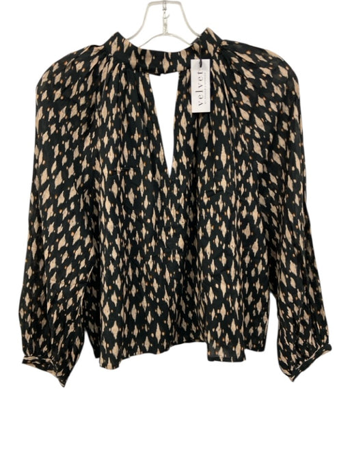 Velvet Size XS Black & Beige Cotton Long Sleeve Abstract Print Keyhole Top Black & Beige / XS