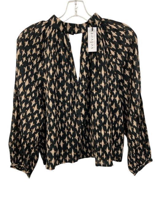 Velvet Size XS Black & Beige Cotton Long Sleeve Abstract Print Keyhole Top Black & Beige / XS