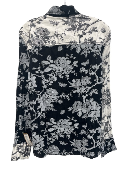 Cino Size XL Blue & Black Cotton Long Sleeve Abstract Floral Buttons Collar Top Blue & Black / XL