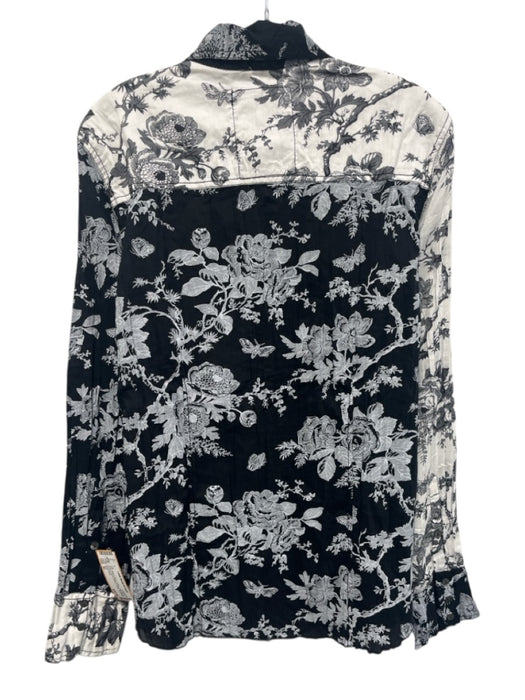 Cino Size XL Blue & Black Cotton Long Sleeve Abstract Floral Buttons Collar Top Blue & Black / XL