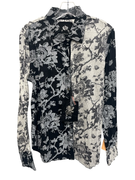 Cino Size XL Blue & Black Cotton Long Sleeve Abstract Floral Buttons Collar Top Blue & Black / XL