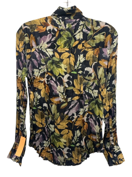 Cino Size XS navy blue, yellow, green Viscose Satin Abstract Floral Buttons Top navy blue, yellow, green / XS
