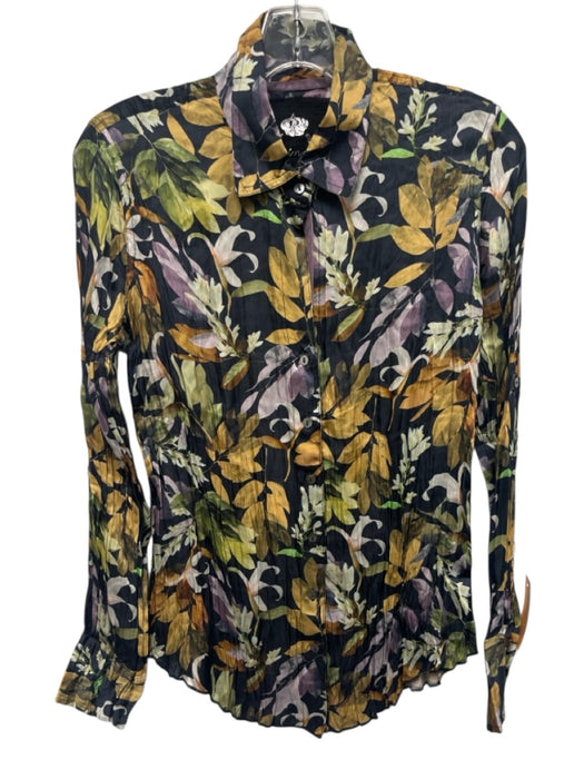 Cino Size XS navy blue, yellow, green Viscose Satin Abstract Floral Buttons Top navy blue, yellow, green / XS