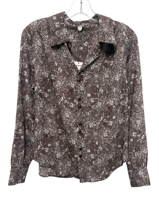 Margaret O'leary Size XS Brown & White Cotton Long Sleeve Floral Print Top Brown & White / XS